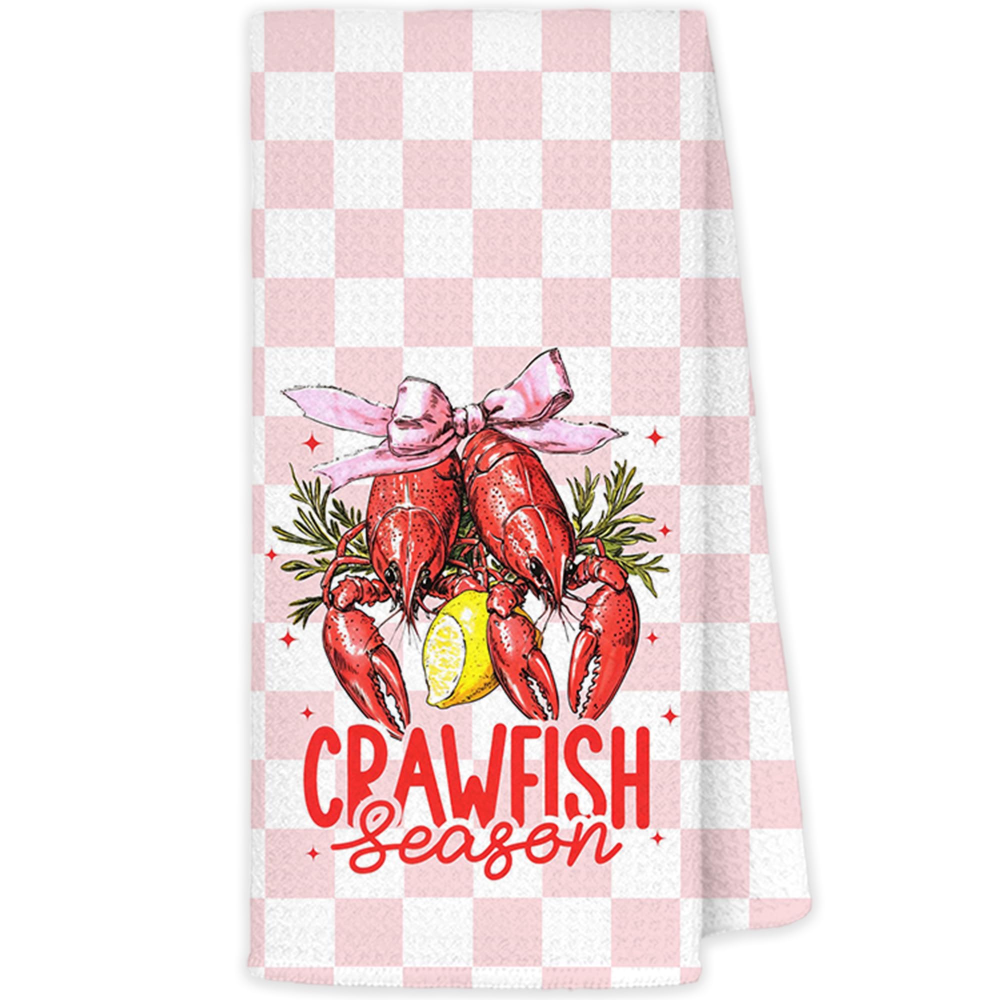 JINYO Lobster Kitchen Towels, Coquette Pink Bow Lobster Checkered Hand Towels for Bathroom Kitchen, Pink and White Plaid Crawfish Season Decorative