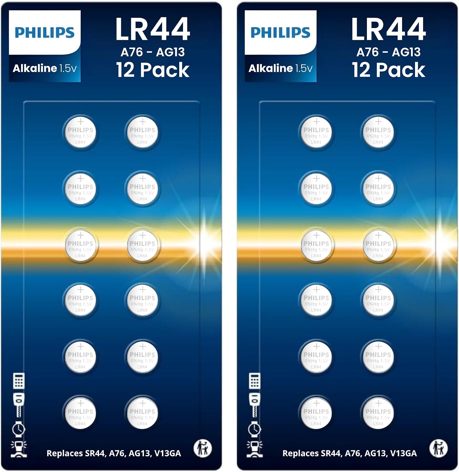 PHILIPS LR44 Batteries 24 Count, Replaces AG13 A76 l1154f 357 303 SR44 AG13 Button Batteries - 1.5v Ultra Alkaline Button Cell Battery, Perfect for Thermometers, Lasers, Watches, Medical Devices.