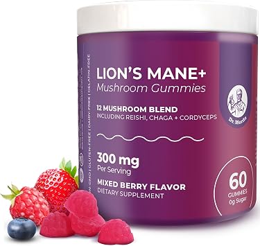 DR. MORITZ Lions Mane Gummies for Adults and Kids 4+ Mushroom Gummies for Adults with 12-in-1 Brain & Immune Support Blend Includes Reishi, Chaga & Lions Mane No Sugar Added, Non-GMO 60 Count