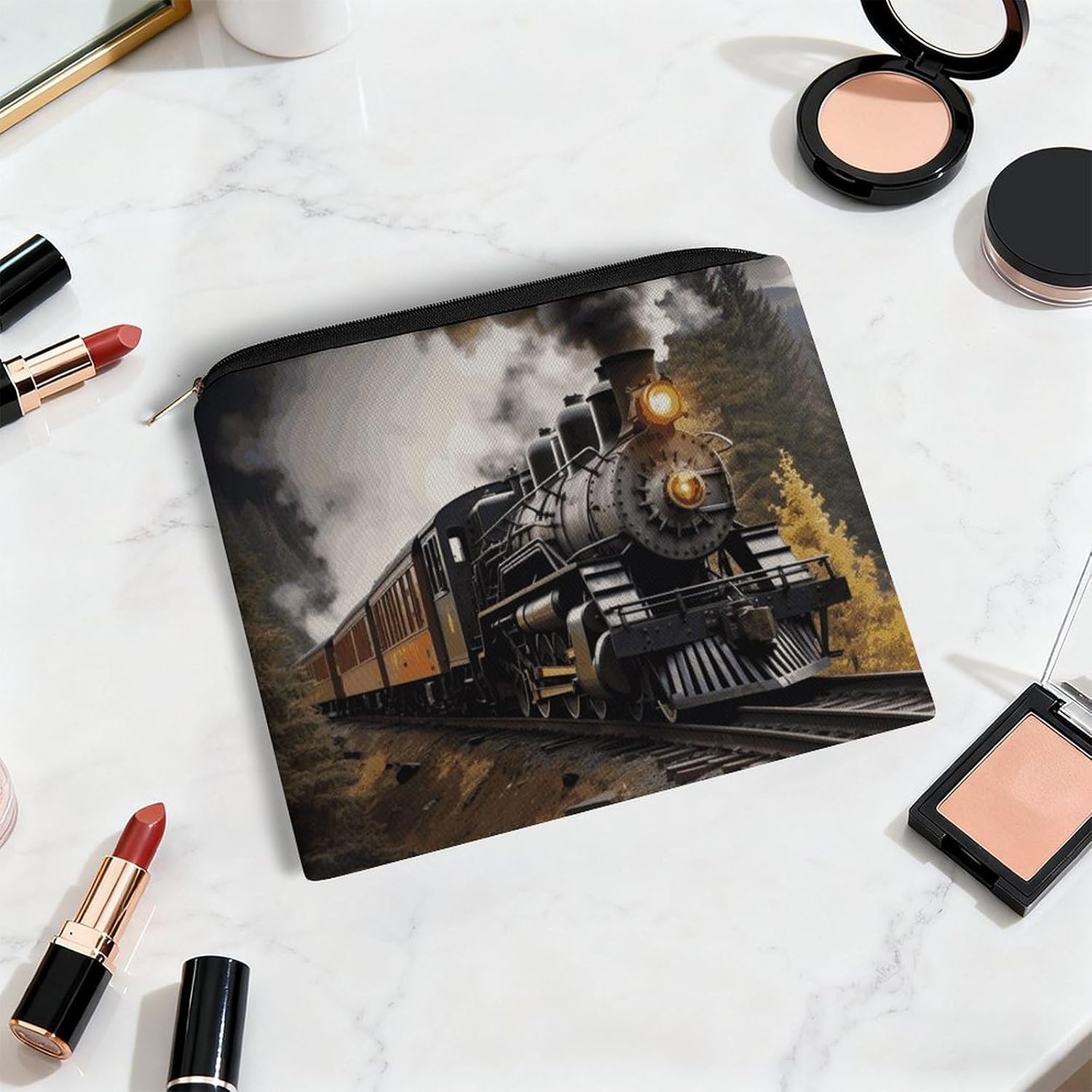 Lightweight Polyester Steam Train Makeup Bag with Zipper image 5