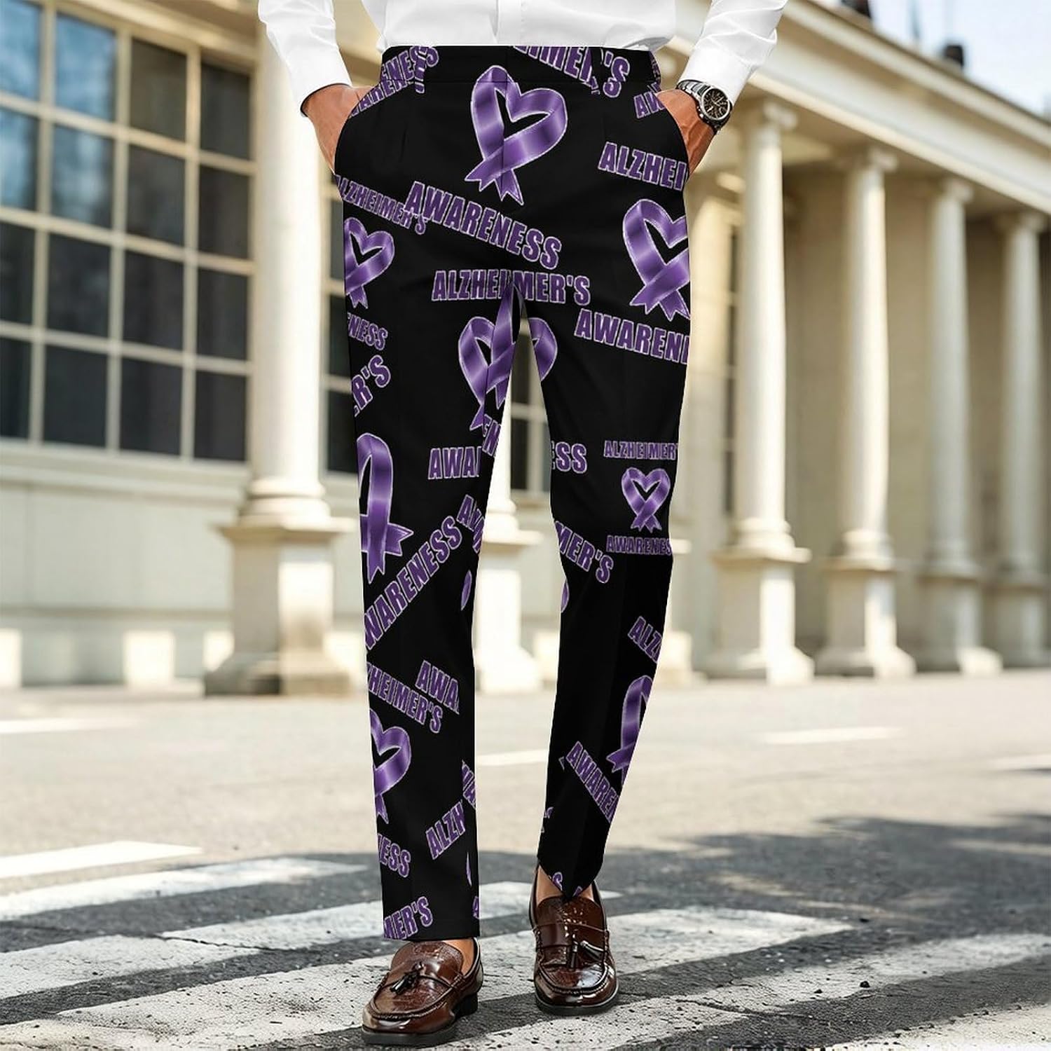 Alzheimer's Awareness Men's Classic Fit Suit Pants Straight Leg Design Printed Trousers