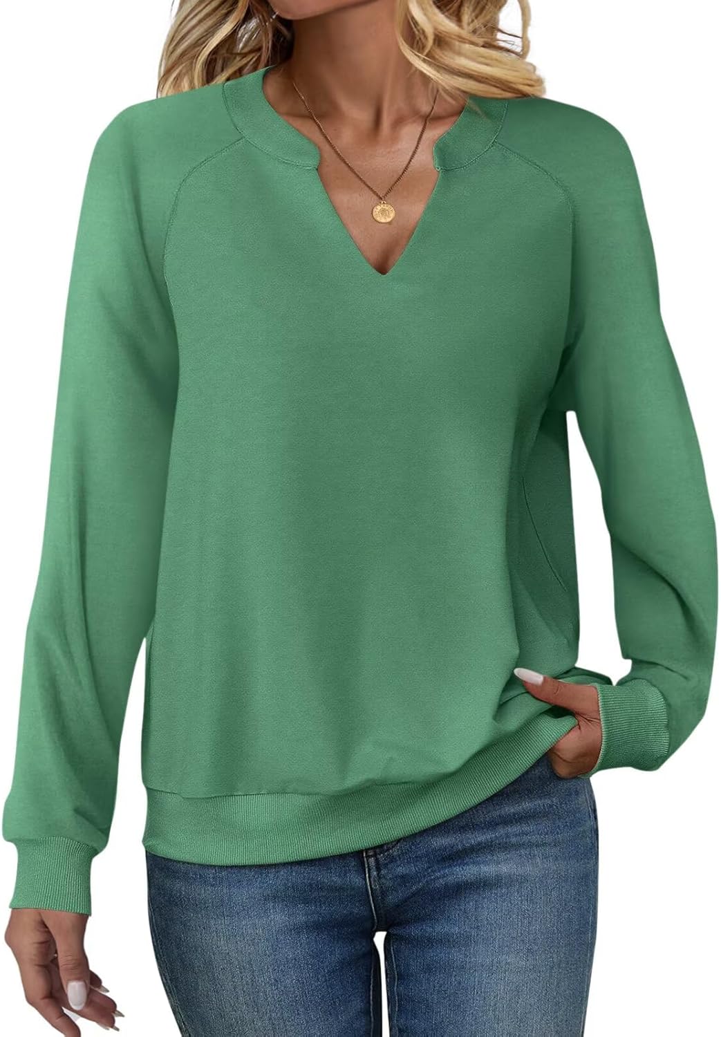 EADINVE Women Casual Long Sleeve V Neck Sweatshirts Cute Loose Fit Lightweight Pullover Tops