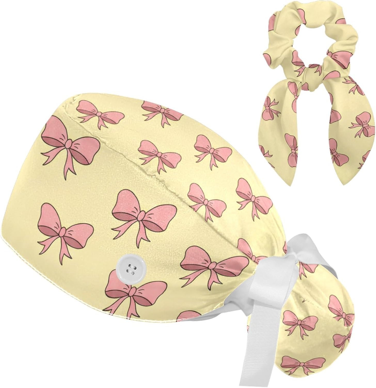 Scrub Caps Women Ponytail with Scrunchies Cute Pink and Rabbit Bouffant Working Hat Elastic Tie Back Hats