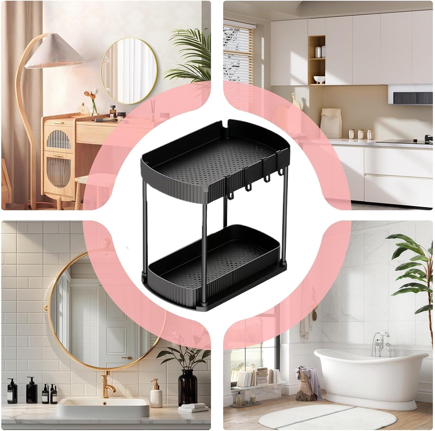 Under Cabinet Organizer,2-Tier Pull Out Shelf | Under Bathroom Sink Organizer with 4 Hooks,for Home Pantry Closet Laundry Room Countertop Cabinet