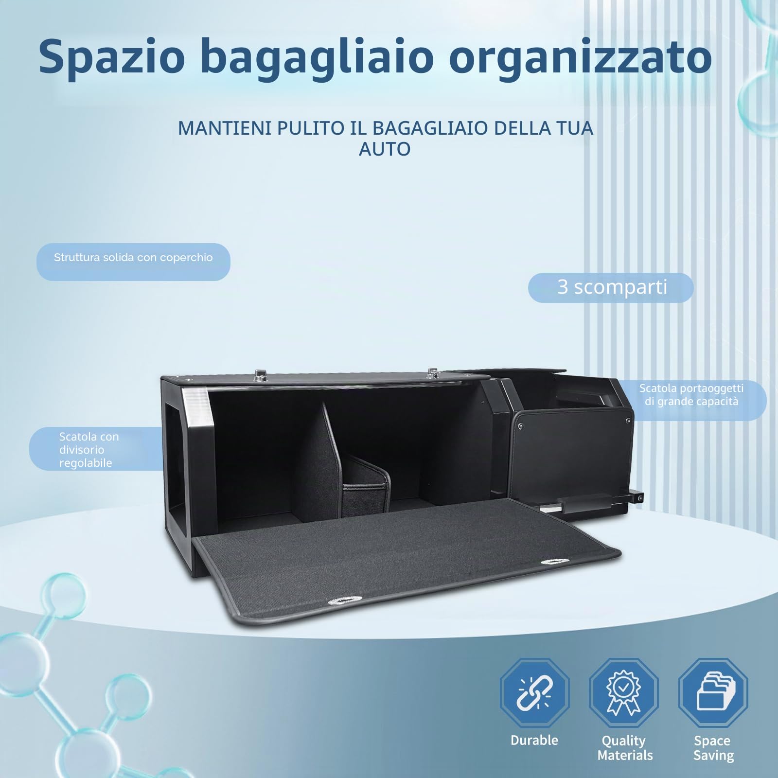 Organizer per bagagliaio auto con coperchio – Scatola di stoccaggio modulare 2 in 1 Grande XXL | Robusto manico estraibile, Pelle resistente, Telaio in ABS | Borsa per bagagliaio con sub-box(92cm