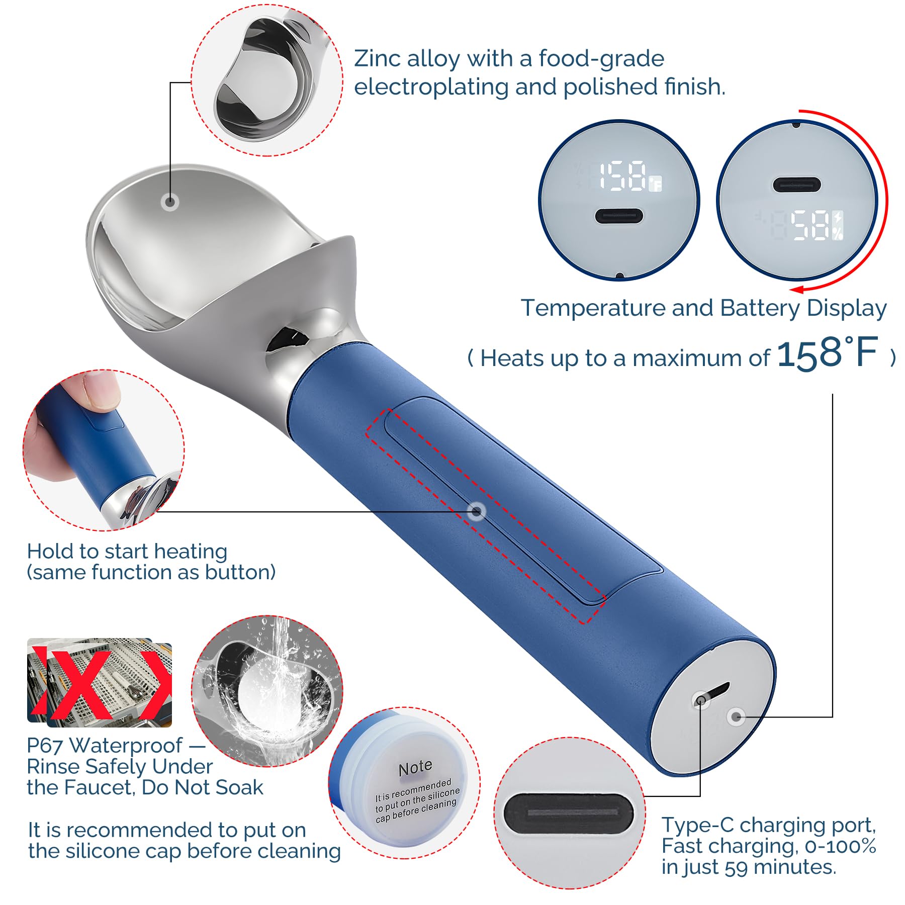 Cuillère à crème glacée chauffante, rechargeable, électrique avec écran LED, chauffe jusqu'à 70 °C pour crème glacée dure, facile pour les personnes âgées et les enfants, étanche IP67 (bleu)