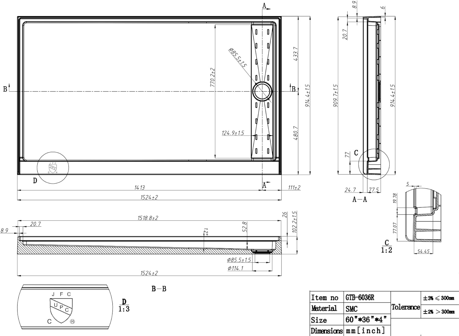 Shower Base Pan in White Right Linear Drainer, Rectangular Shower Base 60"×36"×4" with Non-Slip Floor Panel and Stainless Steel Shower Drain Cover