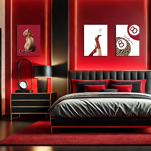 Miniatura 7 de GELDSTEI Lienzo decorativo de pared de leopardo rojo moderno, decoración de pared de guepardo feroz, imágenes estéticas de Martini con botas rojas