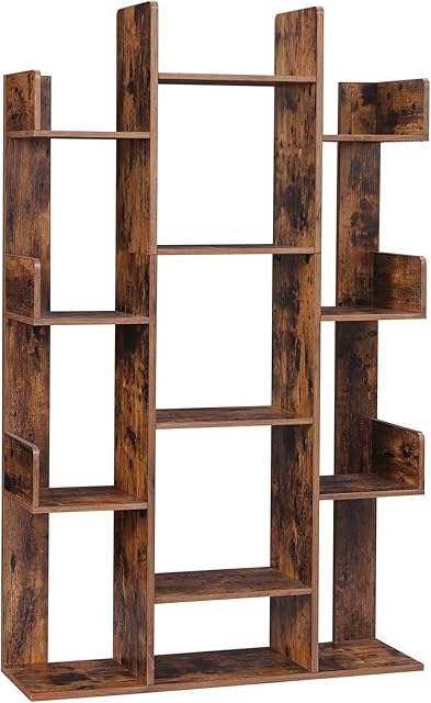 VASAGLE Bookshelf, Tree-Shaped Bookcase with 13 Storage Shelves, 86 x 25 x 140 cm, with Rounded Corners, Rustic Brown LBC67BXV1