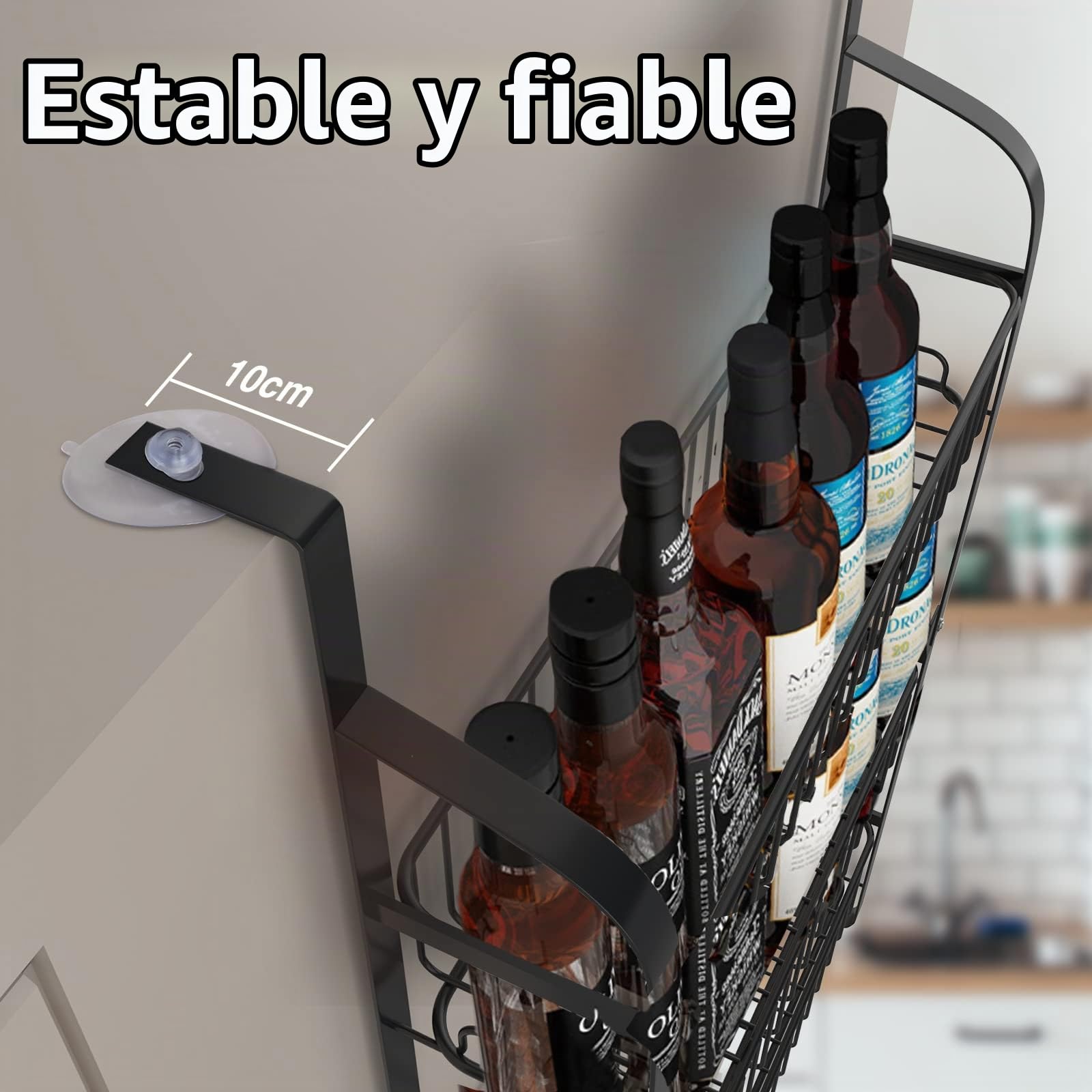 Estante de Frigorífico, 3 Niveles Especiero Colgando Estante de Almacenamiento, Estantería Nevera con 8 Ganchos, Estante Cocina Organizador para Especias sin Taladrar, Negro