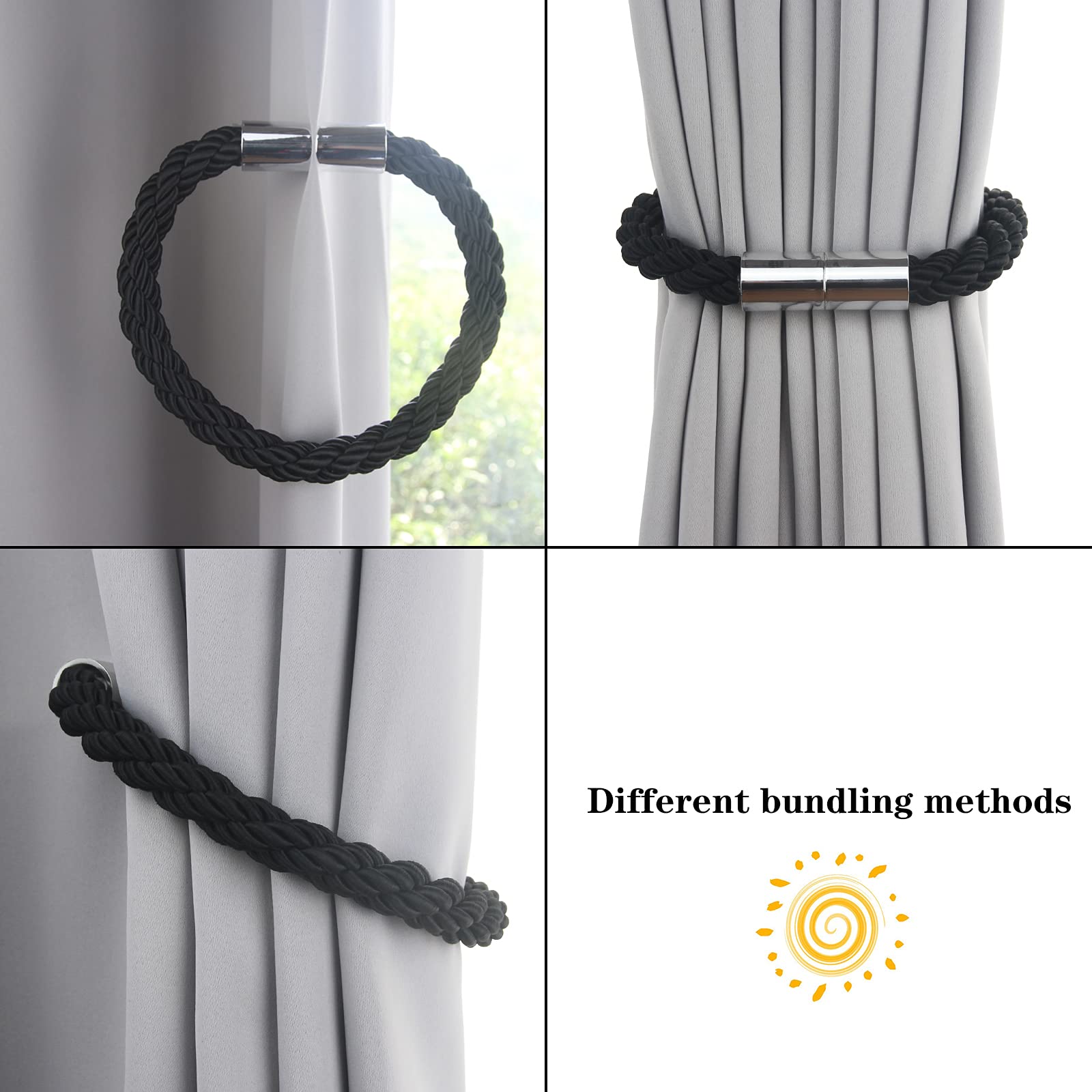 Lot de 4 embrasses de rideaux magnétiques solides - 50 cm - Attaches pratiques pour rideaux fins ou épais avec crochets en métal - Légèrement lourdes