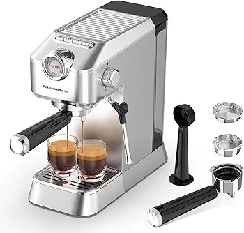 KitchenBoss Cafetera Espresso Compacta Profesionale: Máquina de Café Expreso para el Hogar, Cafetera Manual para Cappuccinos, Cafetera Express 15 Bares con Espumador, 1.2L Depósito Extraíble