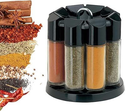 Aisny Spice Organizer, 360  Rotating Spice Rack with 8 Spice Jars, Black Transparent Portable Spice Carousel Freestanding Spice Rack for Herbs and Spices Storage 15.8 x 16.7 cm