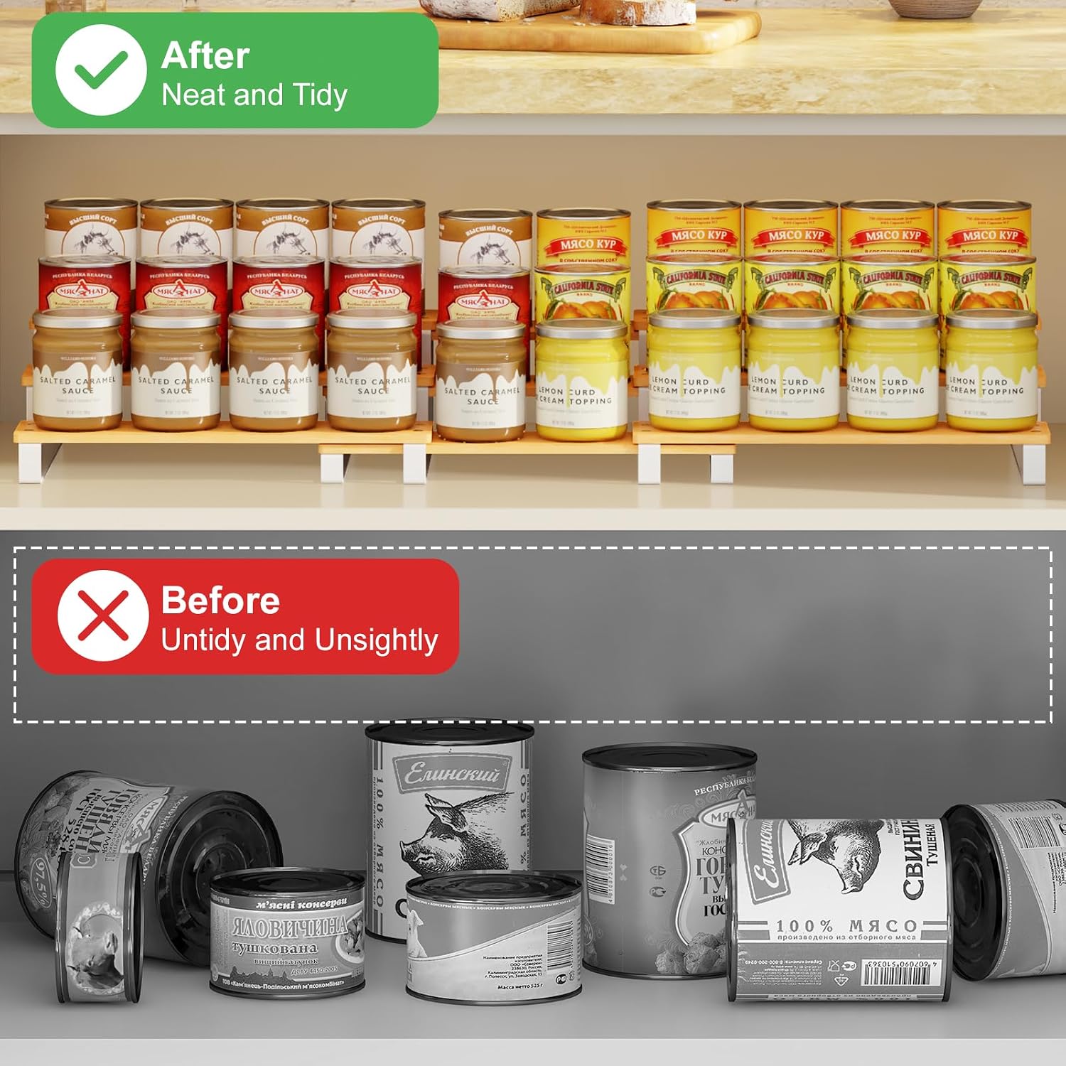 3-Tier Expandable Iron&Bamboo Can Organizer for Pantry Holds Up to 45 Cans,Extra-long Separable Can Organizers and Storage,Can Storage Rack for Pantry Kitchen Cabinet Countertop