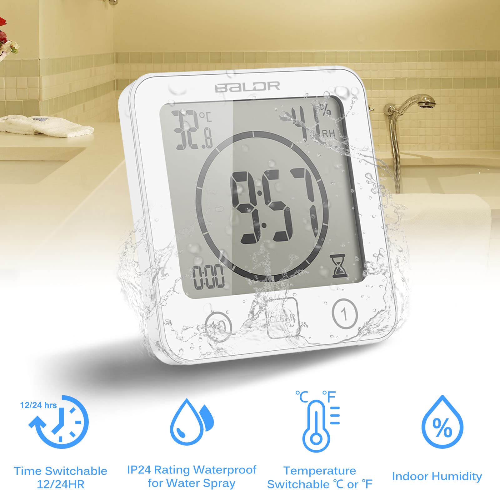 ONEVER Orologio da Bagno,Lgrometro Termometro Digitale,Monitor Umidità da Interno,Stazione Meteo con Espressione Facciale per Stanza da Bambino LCD Touch Control Timer Allarme per Cucina Bagno