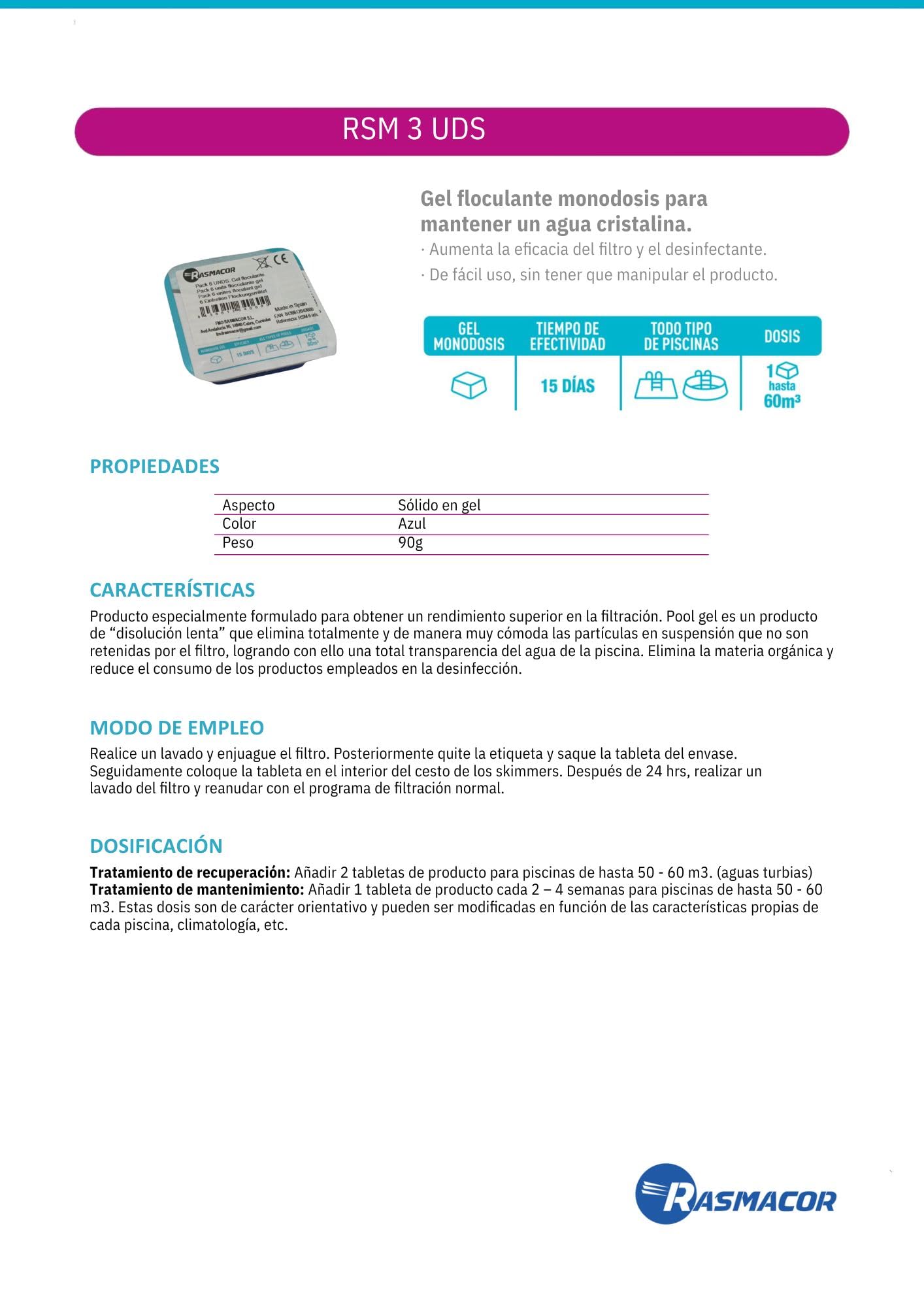 RASMACOR Pack 3 Unidades Floculante Gel monodosis | Gel para Piscina | Limpiador y clarificador de Agua para Piscinas | Transparencia Total del Agua | Distribuido