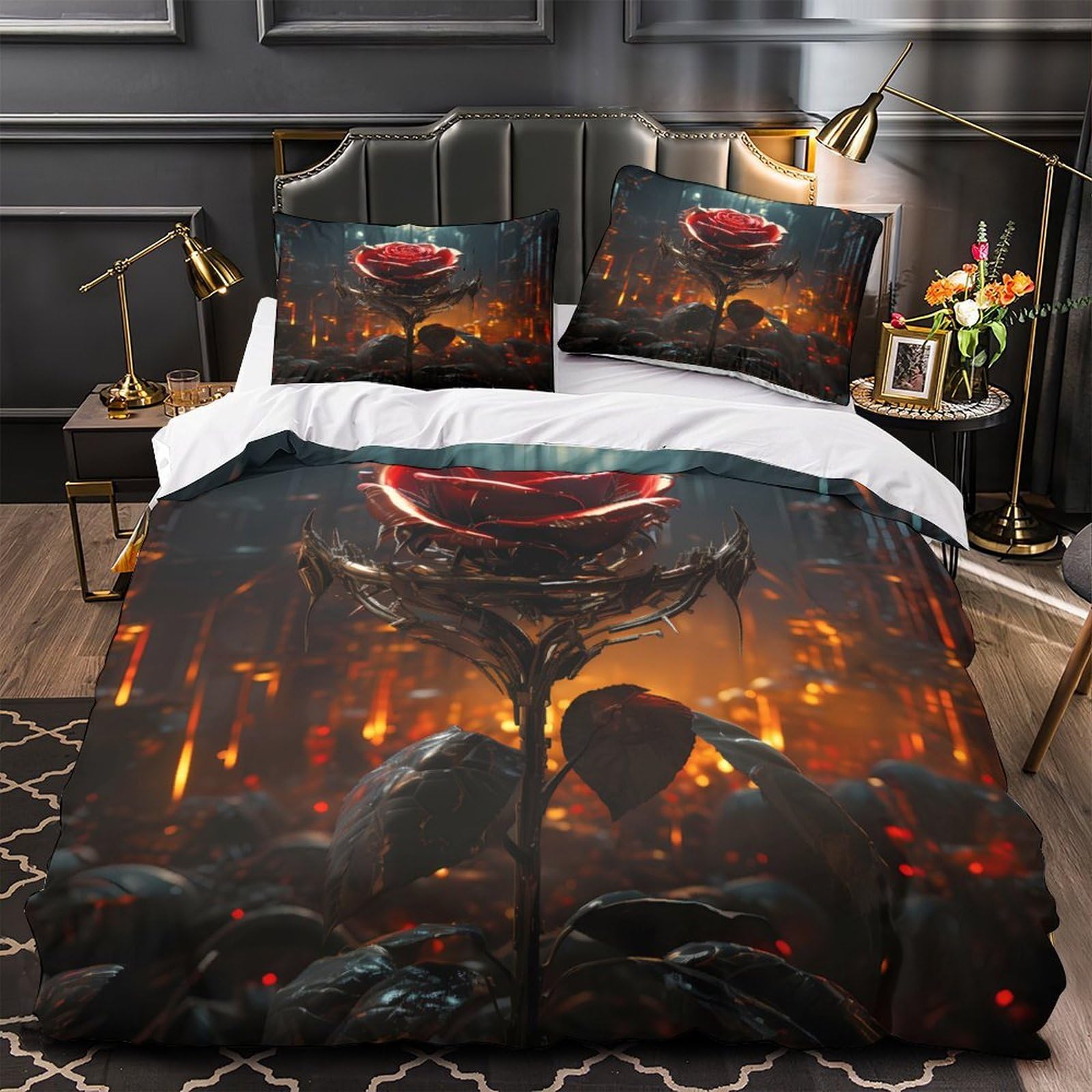 Housse de couette rose rouge 3D hypoallergénique et respirante en microfibre douce
