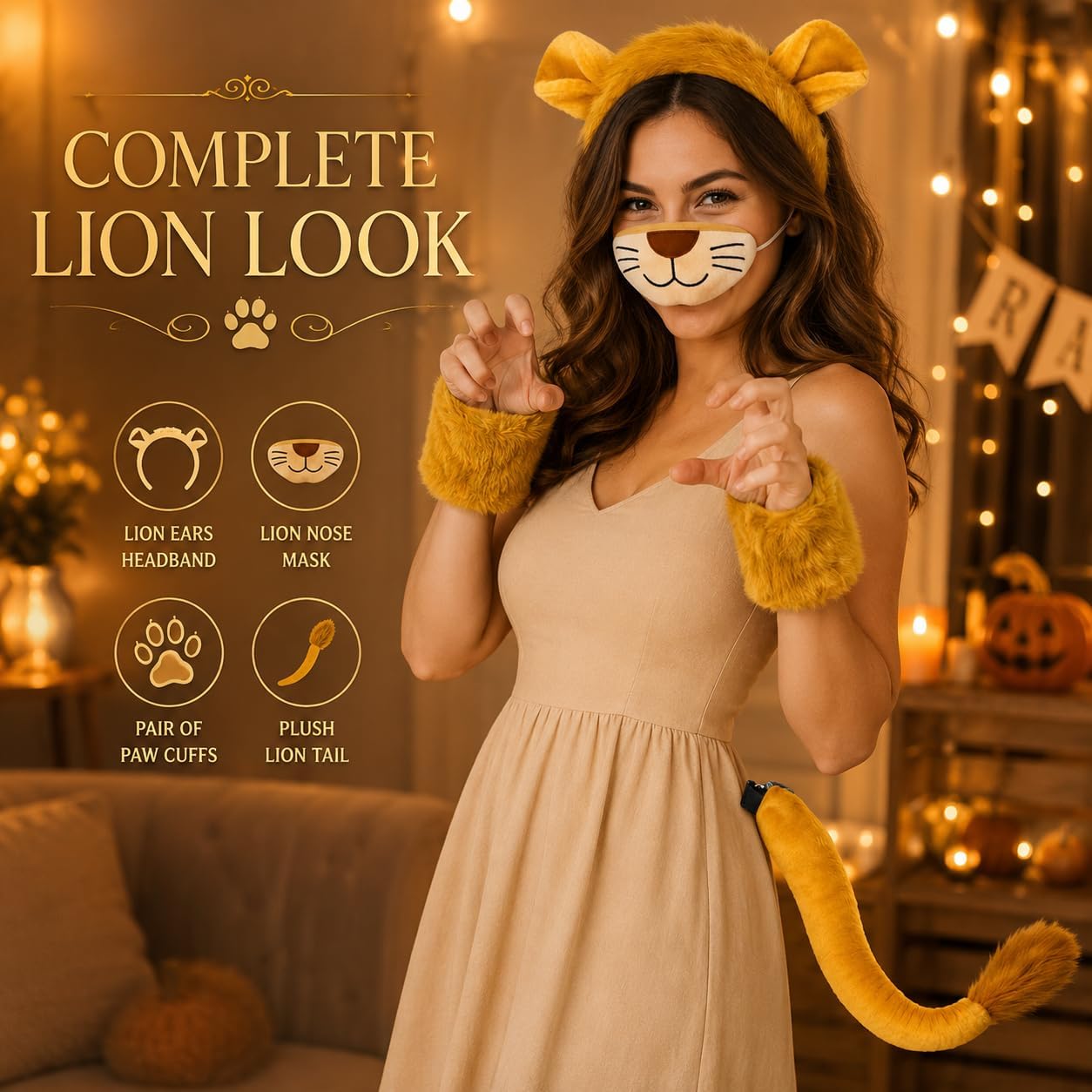 Lion Costume Set with Lion Ears Headband,Tail,Nose,Paw Gloves Fancy Lion Costume for Women Brown Dress Kit Cute Lion Ears Cosplay for Halloween Birthday Party Decorations