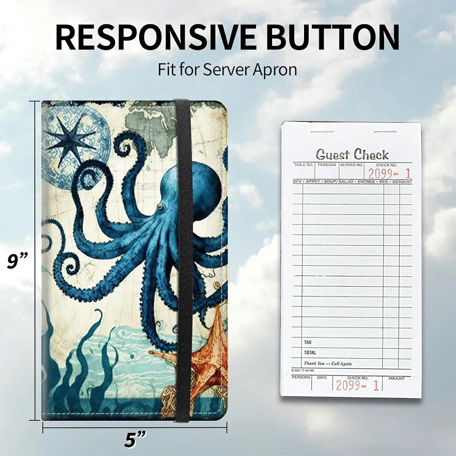 Server Books for Waitress 5 X 9 Inch,BFDHGQZC PU Leather Waiter Books with Zipper and Check Book Holder Money Pocket Personal Organizer Wallet Fit Server Aprons,Octopus