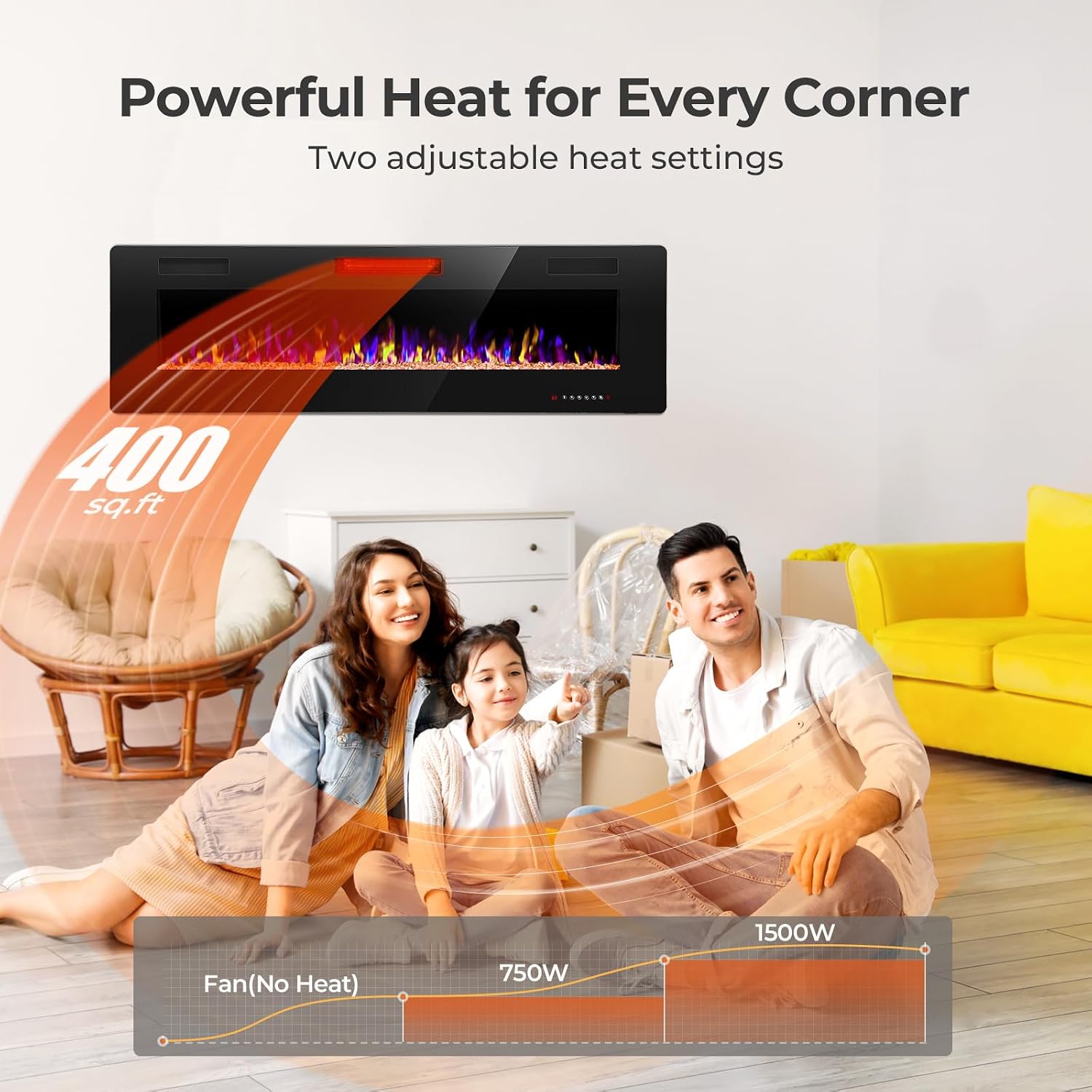 Crzoe 60 Inch Electric Fireplace, Recessed and Wall Mounted Fireplace Heater, Remote Control & Touch Panel, Timer, Adjustable Flame Color and Speed, 750w/1500w