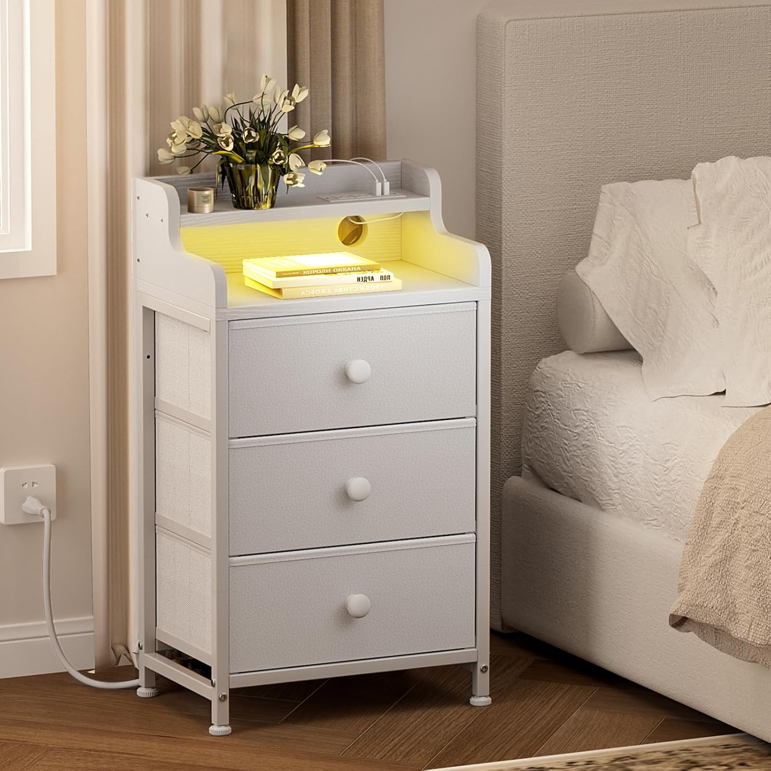 REAHOME Nightstand with Charging Station and LED Light, Tall White Night Stand with 3 Drawers and 2-Tier Shelf, Bedside Table with Sturdy Steel Frame Wood Top for Bedroom, Living Room - White 30D x 40W x 78H cm (3 Drawers) White