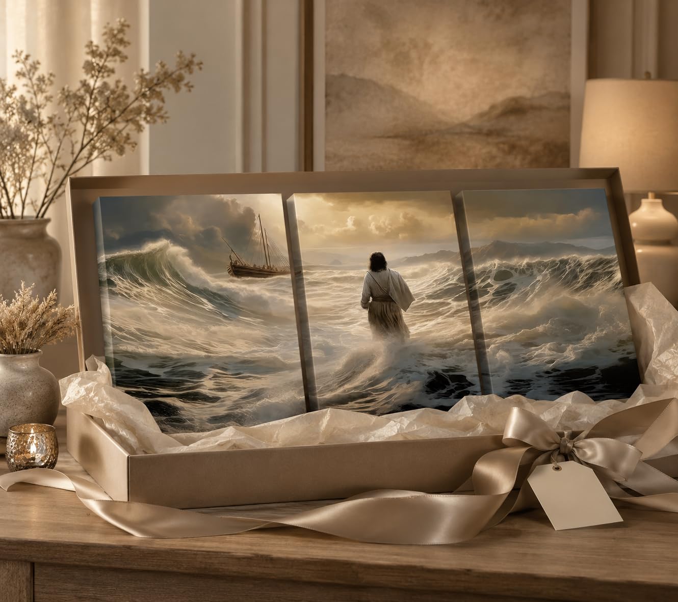 3 lienzos de Jesús caminando sobre el agua, arte de pared con historias bíblicas cristianas, cuadro decorativo para pared, espíritu religioso, fe, póster impreso para sala de estar, dormitorio,