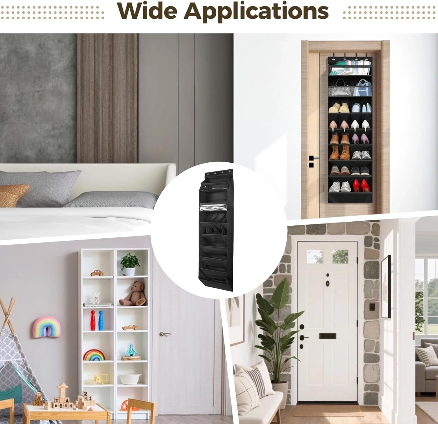 Black 14-Pocket Shoe Organizer, Over-The-Door, 600D Oxford Cloth, Space-Saving