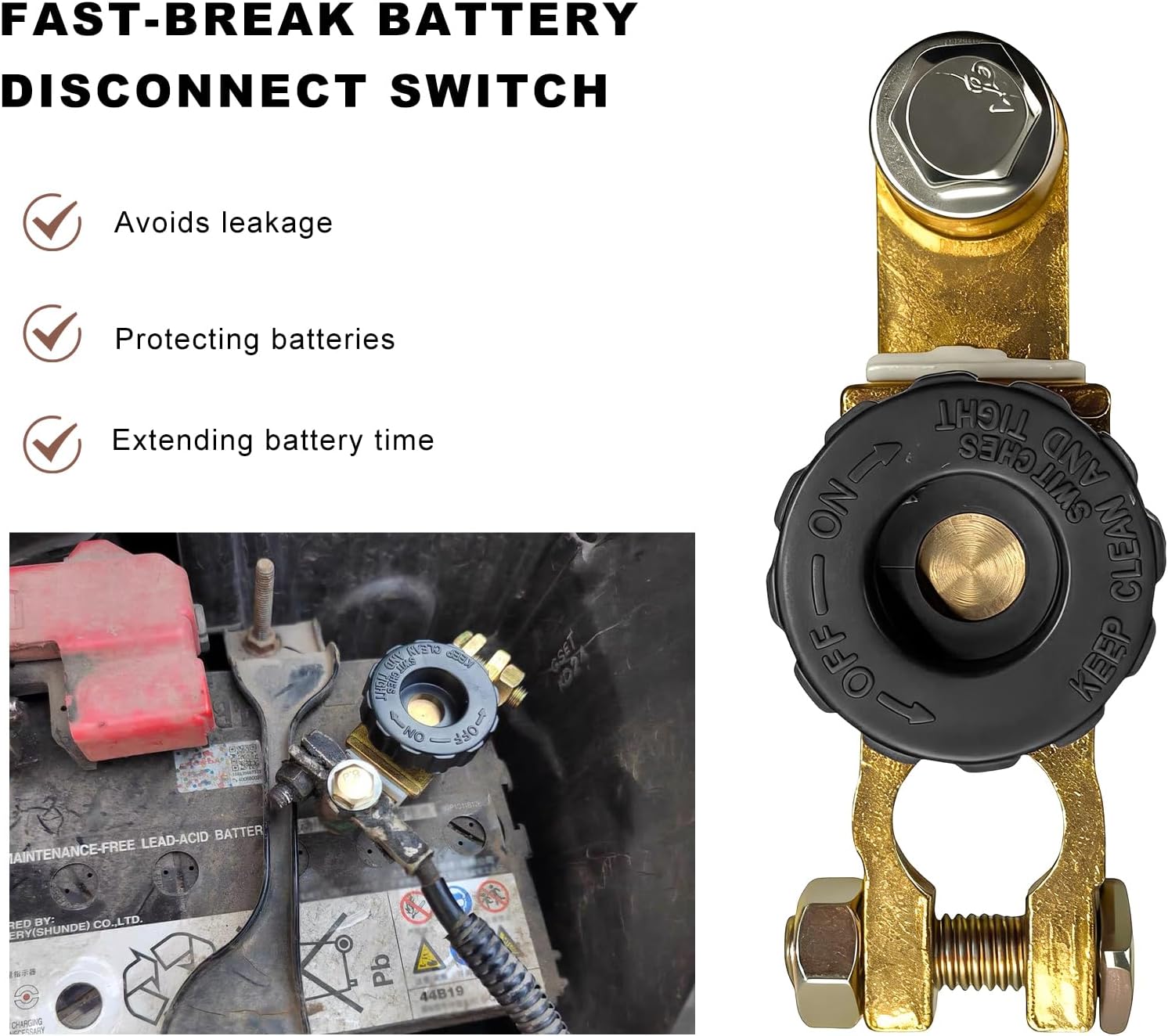 Sun Walker Top Post Battery Disconnect Switch, 12V/125A Quick-Disconnect Car Battery Cut Off Control Switch, Heavy Duty Power Shut Off Master Isolator for Trucks Boats RVs (Black)