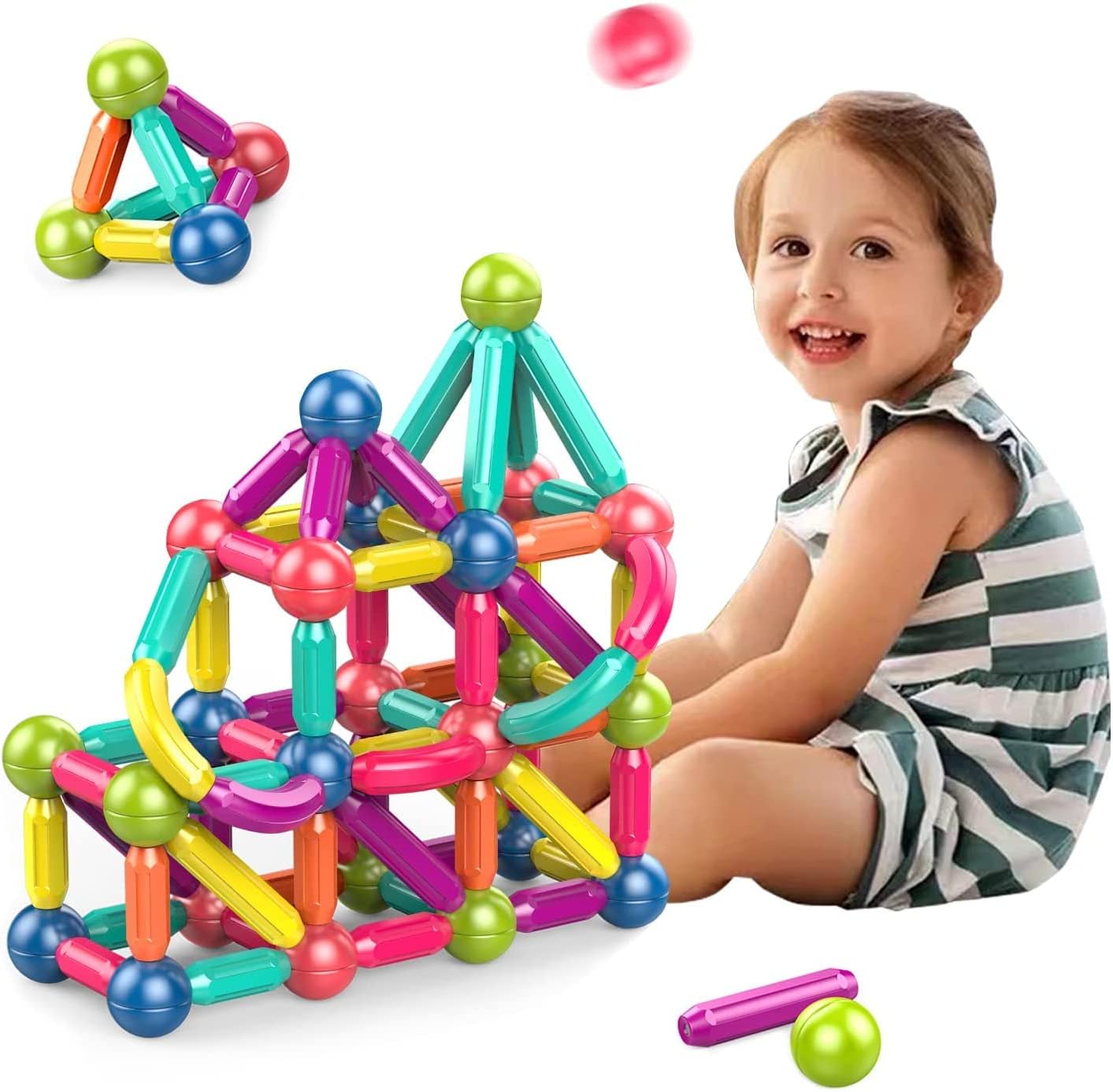 GGEROU Magnetic Balls and Rods Set, Educational Magnet Building Sticks Blocks 3D Puzzle Toy for Kids Children,Stacking Toys Puzzle Magnetic Blocks, Creativity STEM Toys Gift for Kids Toddlers (42 Pcs)