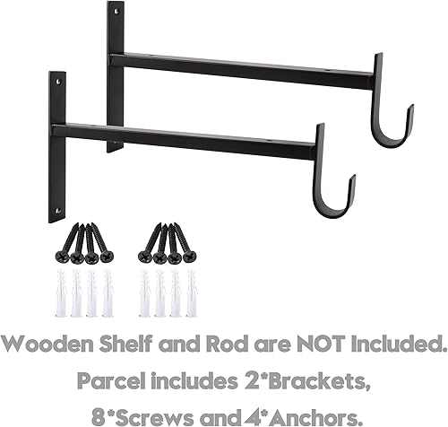 Miniatura 2 de AddGrace Soportes de estante con gancho, soportes de estante negros de 6 pulgadas, 2 soportes de estante resistentes montados en la pared, soportes