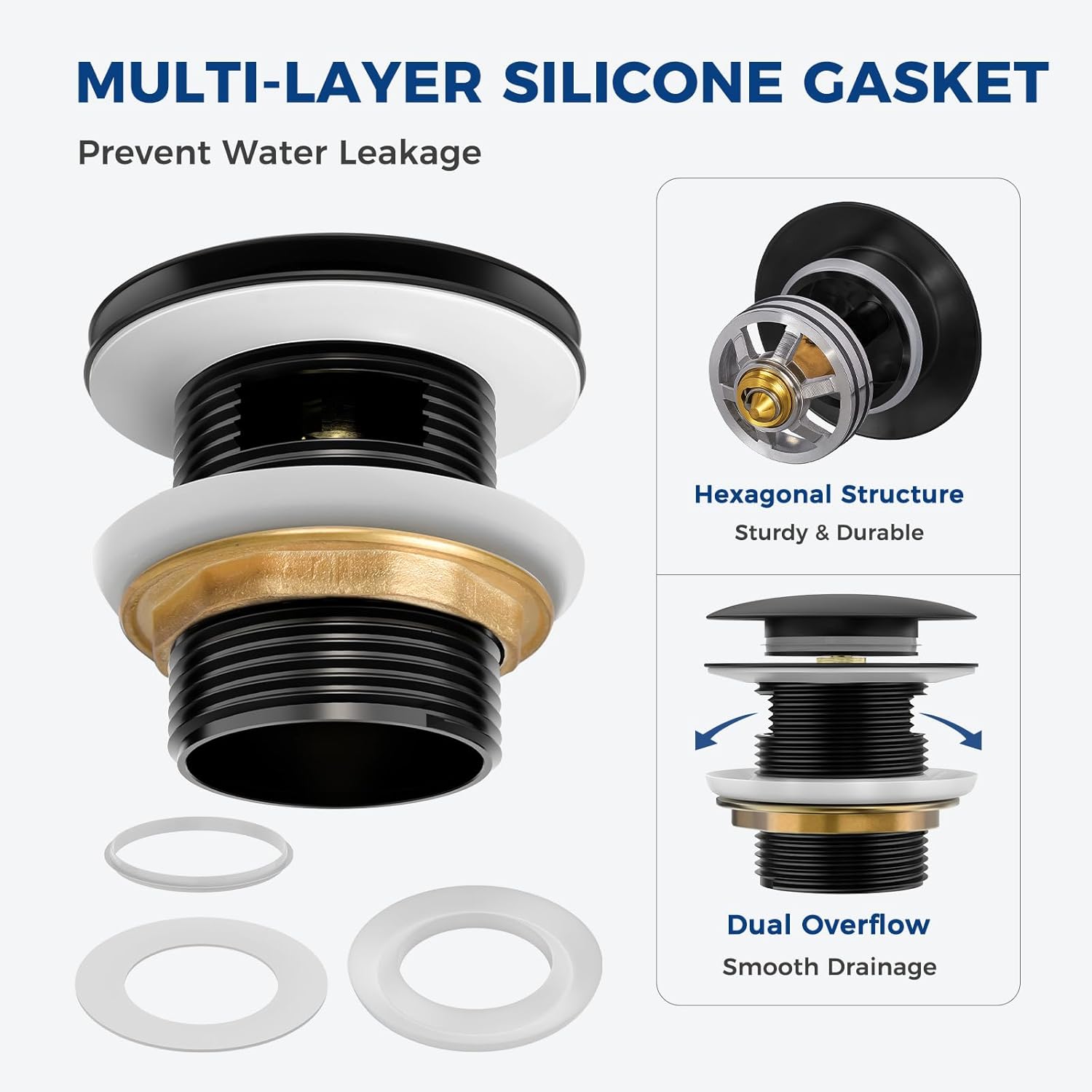 BOTEMY Solid Brass Pop-Up Drain with Overflow for Freestanding Tubs, Tool-Free Installation Bathtub Drain Stopper with Matte Black Finish, Universal Fit 1.8" Hole, Leak-Proof Heavy Duty（Matte Black