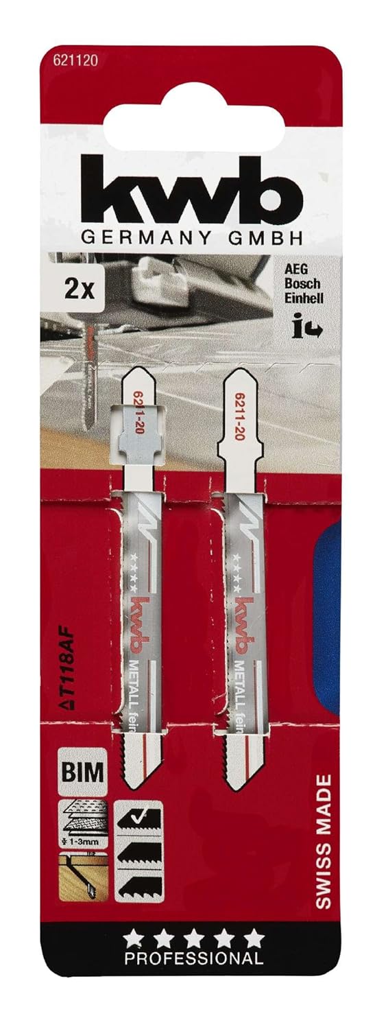 kwb Jigsaw Blades for Metal, Made of Sturdy bi-Metal, Highly Elastic, with Single cam Shaft (T-Shank), Puncture Tooth, Optimal Service Life, Steel Bare Surface, for fine cuts