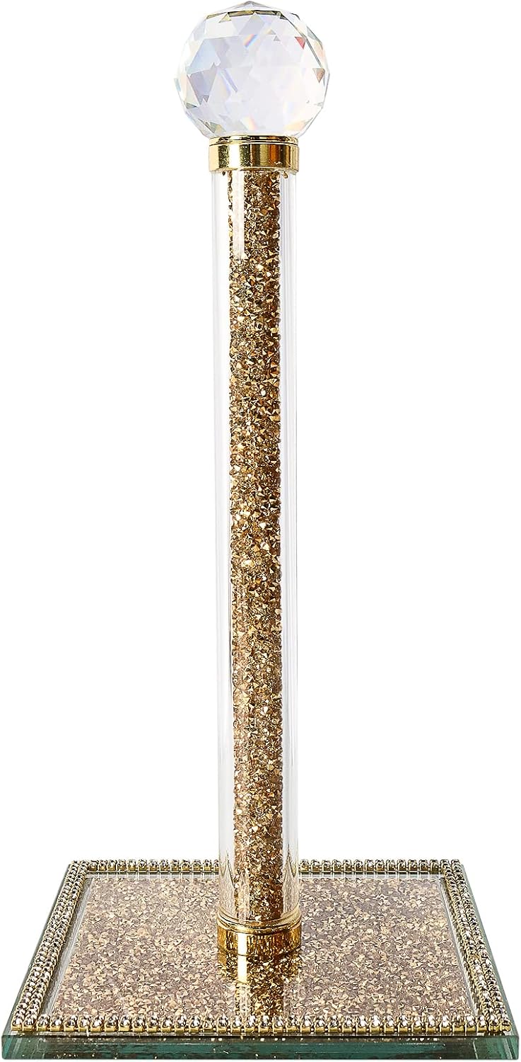 Paper Towel Holder Stand, Countertop Paper Towel Roll Dispenser Holders with Cube Base, Tissue Countertop Filled with Sparkly Crystal Crushed Diamond House Decor for Kitchen Bathroom (Gold1)