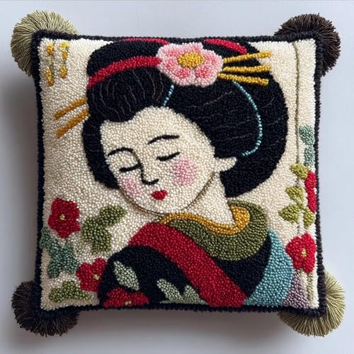 WallustrioaW Latch Hook Kit Cushion for Adults,Japanese Geisha 17X17 Inch, Pre-Printed Craft Latch Hook Rug Kits Cross-Stitch Embroidery Pillow Cover Kit