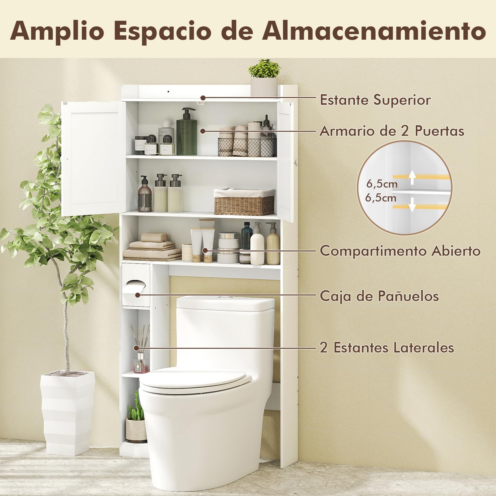 COSTWAY Armario de Almacenamiento sobre Inodoro, Estantería Organizadora con Doble Puerta, Portarrollos de Papel Higiénico y Estante Ajustable, Mueble Independiente para Baño Lavadero (Blanco)