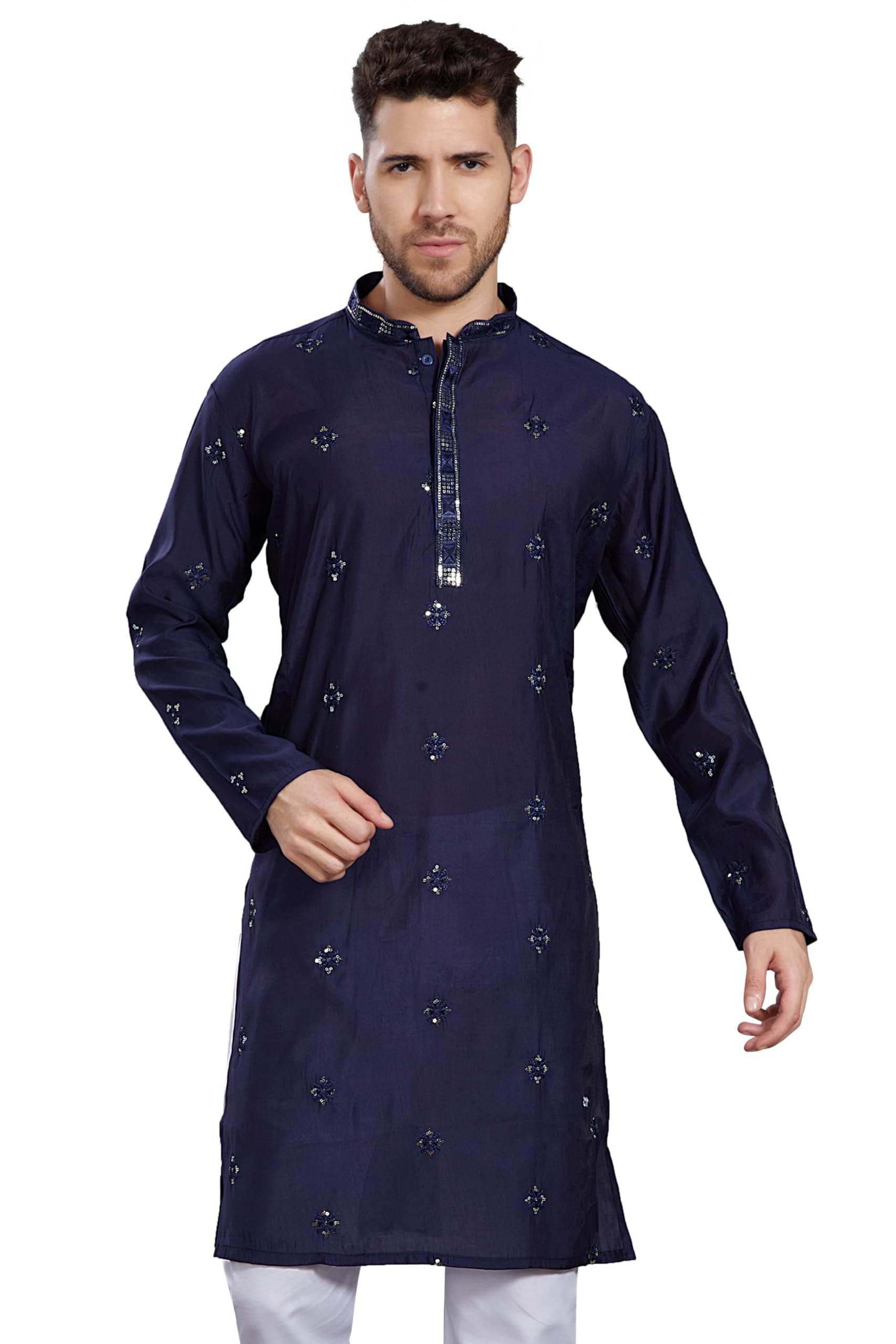 Divisive Men's Embroidered Silk Blend Only Slim Fit Kurta (Dkrt828_Xxl_Navy)