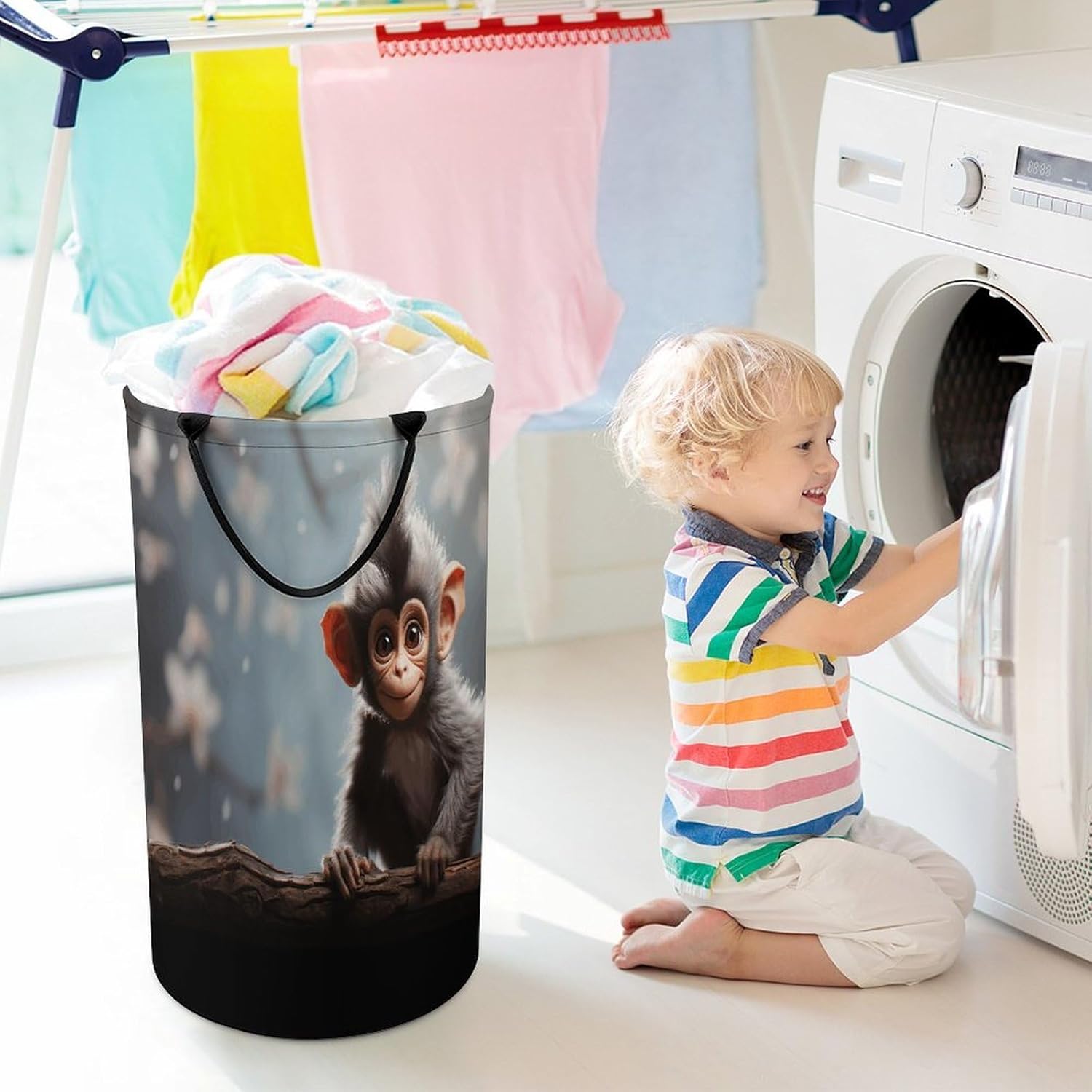 Cute Monkey Laundry Hamper Portable Lightweight Clothes Hampers Fashion Dirty Laundry Storage Basket Large Capacity Foldable Clothes Baskets for Bathroom Bedroom