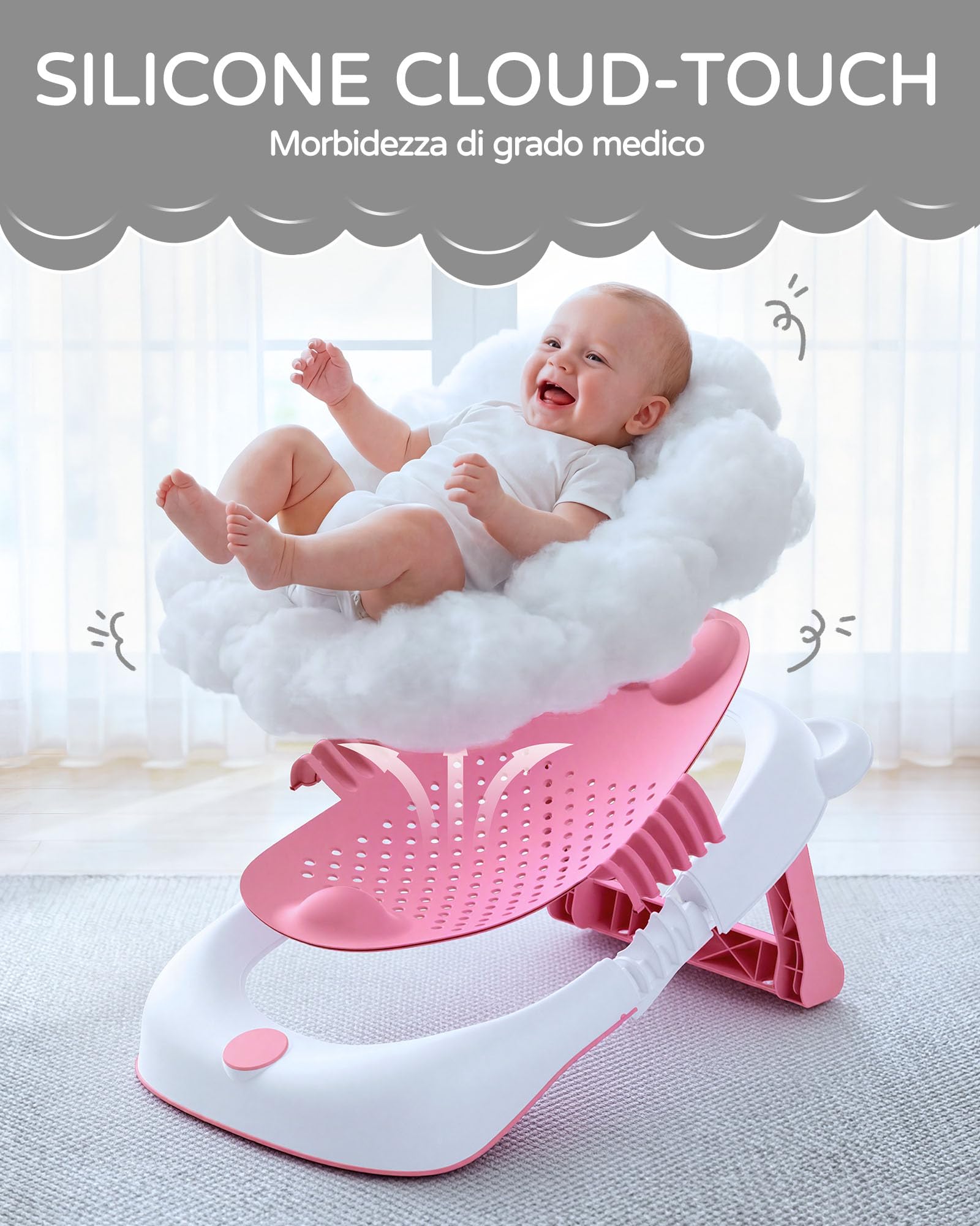 Baignoire pliable pour bébé avec support, siège de bain nouveau-nés, ventouses antidérapantes 0-6 mois