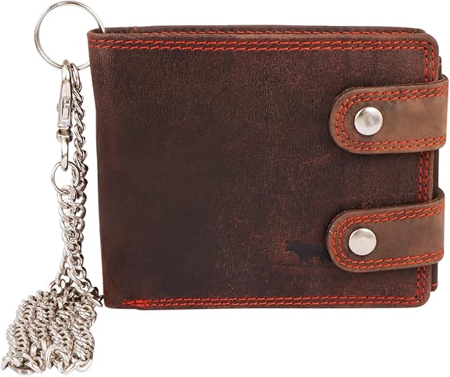 MORUCHA RFID Blocking Men's Biker Wallet Genuine Distressed Hunter Leather Purse with Detachable 45cm Metal Safety Chain M100 (Dark Brown)