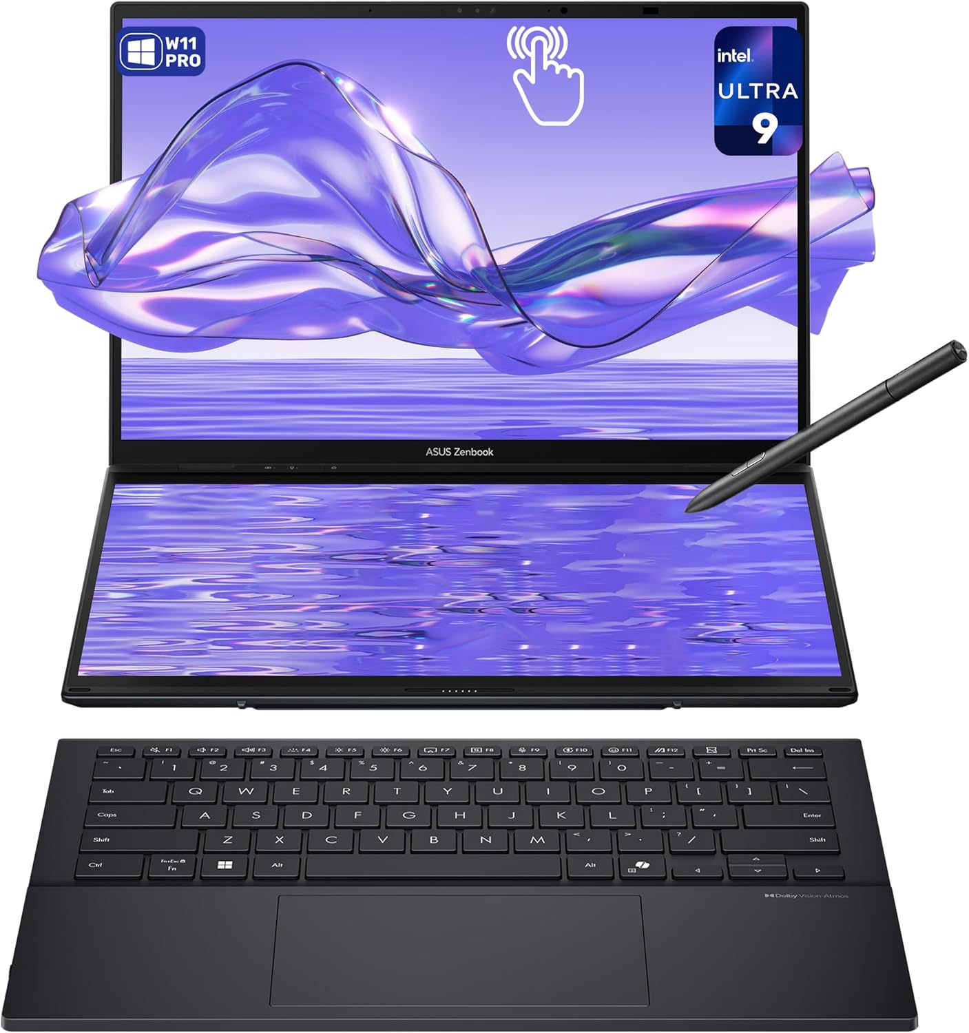 ASUS Zenbook Duo Dual Laptop, Intel Ultra 9-285H, 32 GB LPDDR5X RAM, 1 TB PCIe SSD, 14'' 3K (2880x1800) OLED Touchscreen, Intel Arc Graphics, Backlit Keyboard, W11 Pro, Inkwell Gray