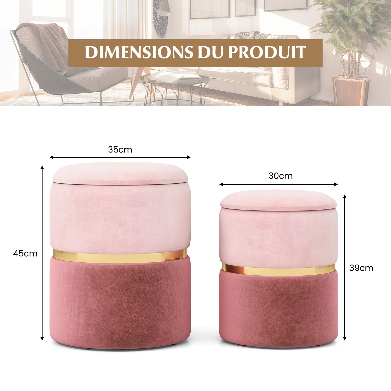 COSTWAY Lot de 2 Poufs Rangement en Tissu Lin, Pouf Coiffeuse Empilable, Garniture Argentée, Coussinets Antidérapants, Siège Rembourré, Tabouret Rond pour Coiffeuse Chambre Salon (Rose)