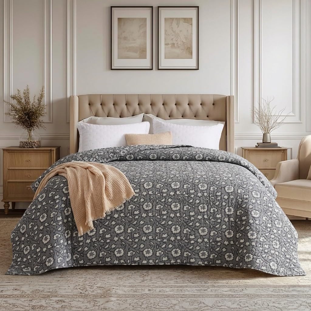 Handmade Cotton Baby Quilt - 40x60 Inches Grey Floral Hand Block Print, Traditional Single Side Printed Jaipuri Razai, Soft Lightweight Toddler Blanket for Nursery