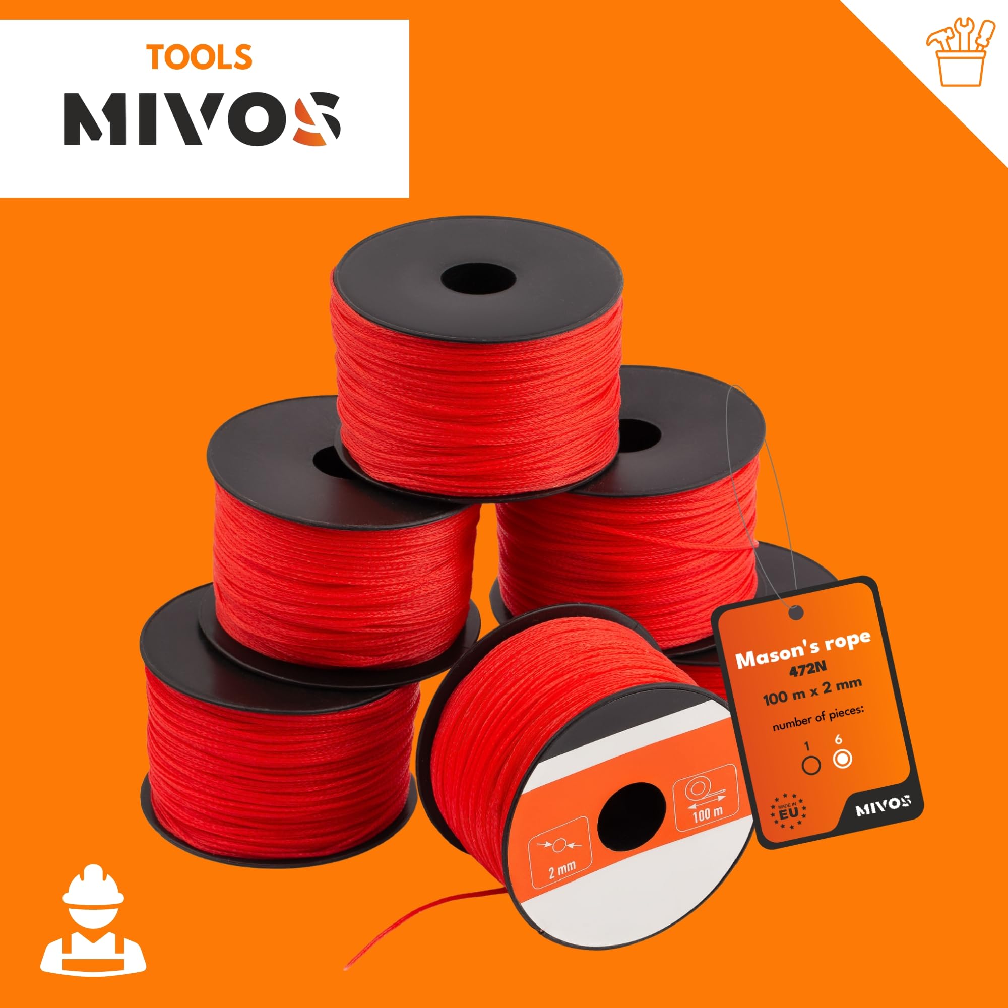 MIVOS Corde de maçon - Paquet de 6 Cordeau de maçon 100m, épaisseur 2mm - Cordeau d'alignement en Rouge - Cordeau de Construction - Cordeau de Plomb - Cordeau de Pavage Durable et résistant - 472N