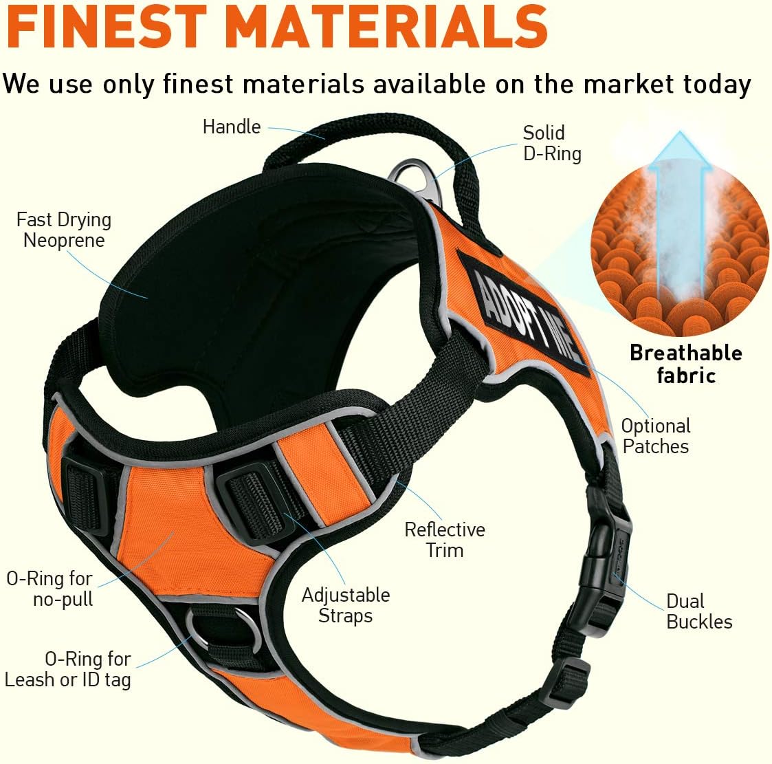 Dogline Quest No-Pull Dog Harness with Adopt Me Reflective Removable Patches Reflective Soft Comfortable Dog Vest with Quick Release Dual Buckles Black Hardware and Handle 15 to 18 inches Orange