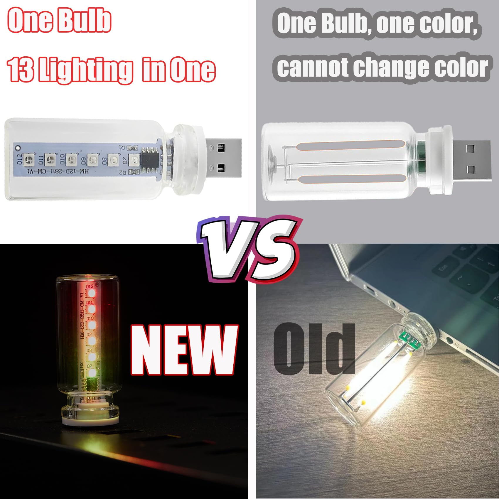 13 in 1 Car USB Night Light Touch Dimmable LED Filament Lamp, USB Interior Car Lights, 13 Modes & 7 Colors, Mini LED Bulb for Car, Camping, Party, Holiday Decoration, Bedroom, Desktop