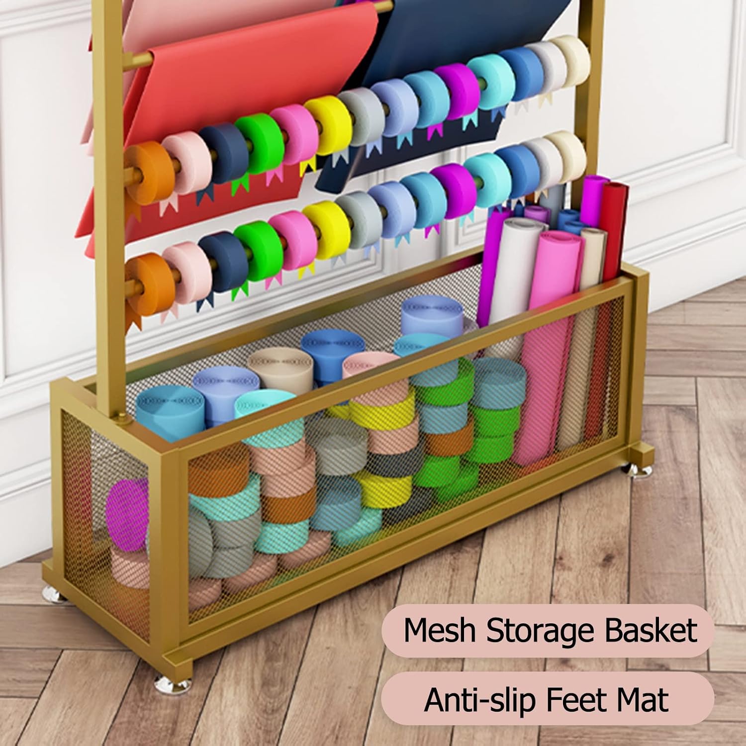 Floor Standing Wrapping Paper Holder Black Gold White, Removable 9-Shelf Gift Paper with Ribbons Basket for Retail Store/ Craft Room/ Floral Shop, Wrought Iron ( Color : Style-1 , Size : 70x35x180cm )