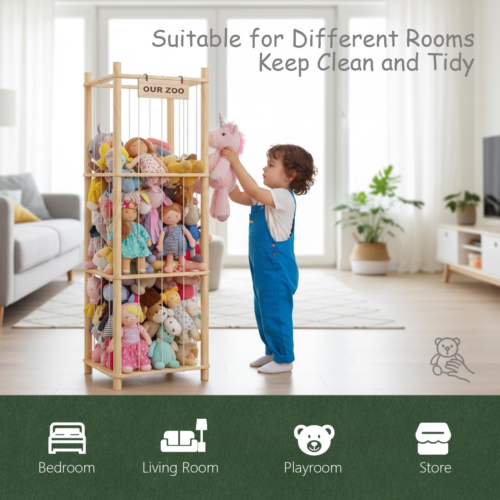 Holz Kuscheltier Aufbewahrung,Stofftier Aufbewahrung,136 * 40 * 40cm plüschtier aufbewahrung für Kinderzimmer, Spielzimmer, Wohnzimmer usw