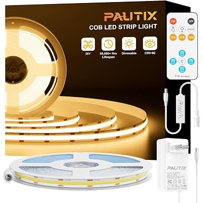 PAUTIX COB LED Strip Lights with RF Remote,32.8ft UL Listed Dotless LED Lights Warm White 2700K,Super Bright Dimmable 24V Adhesive LED Tape Light,Kitchen Cabinets Shelf Mirror Office Bedroom Lighting