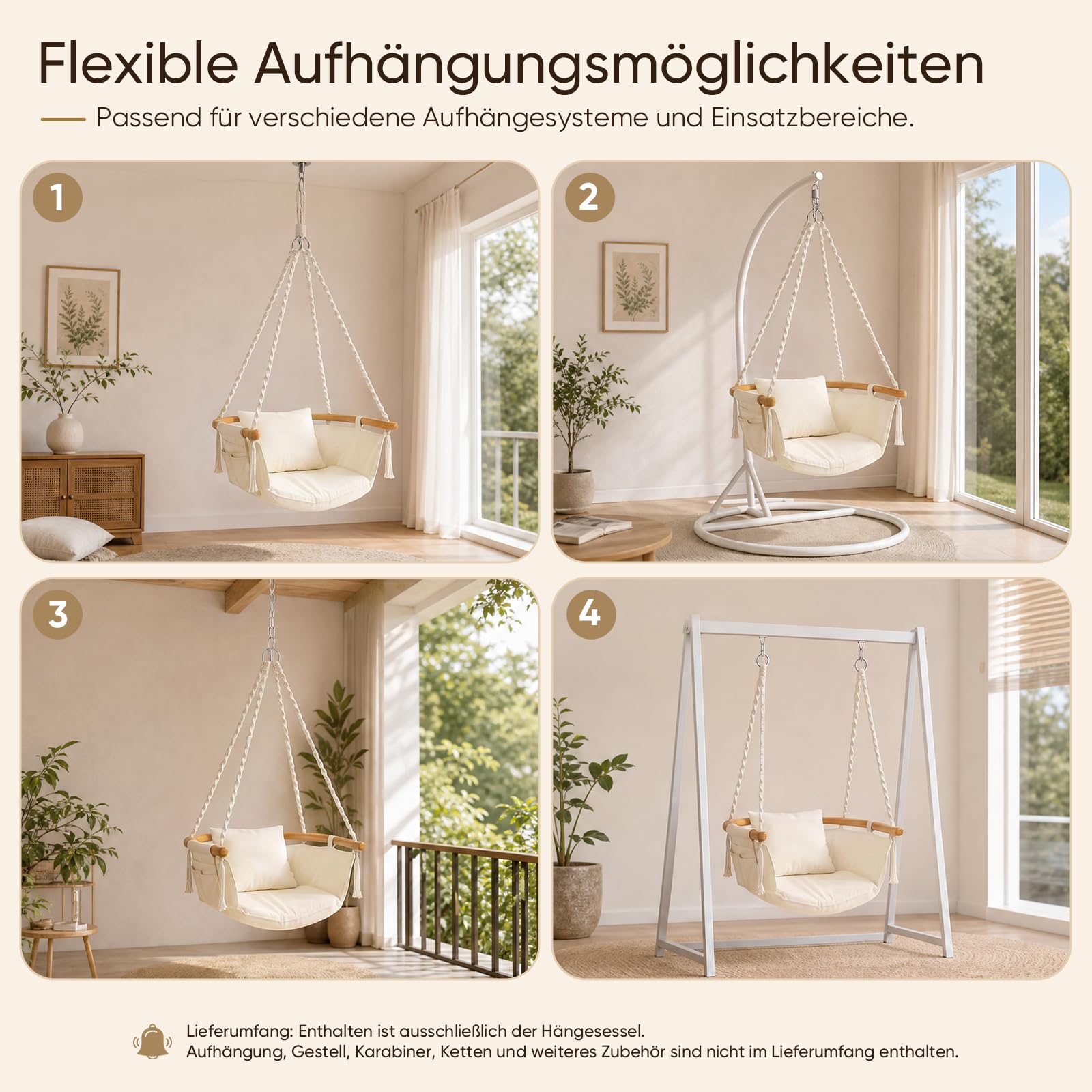 Sekey Hängesessel mit Flexibler Seitentasche & Kissen - Boho Hängestuhl bis 120 kg - Gebogener Bambusstab & Spiralseile - Hängeschaukel für Balkon, Garten & Indoor, Beige