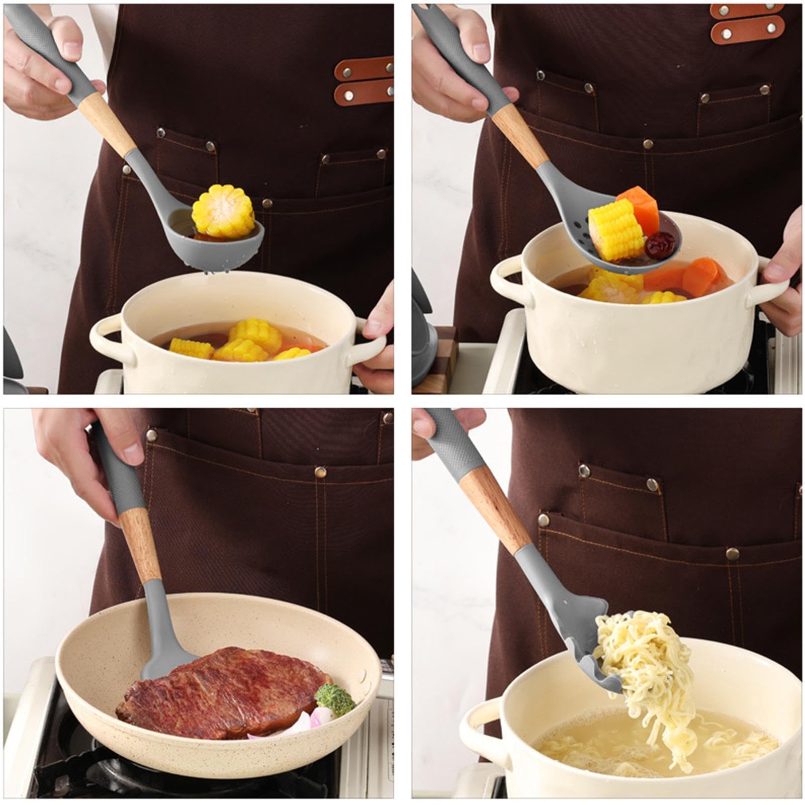 Set di Utensili da Cucina in Silicone 7 Pezzi in Materiale Alimentare con | Cucchiaio da Cucina, Mestolo per Zuppa, Spatola per Pentole Antiaderenti, Raschiare, Cuocere al Forno,